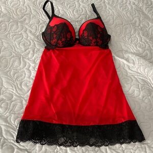 Victoria's Secret Red Chemise with Black Lace Accents 34D